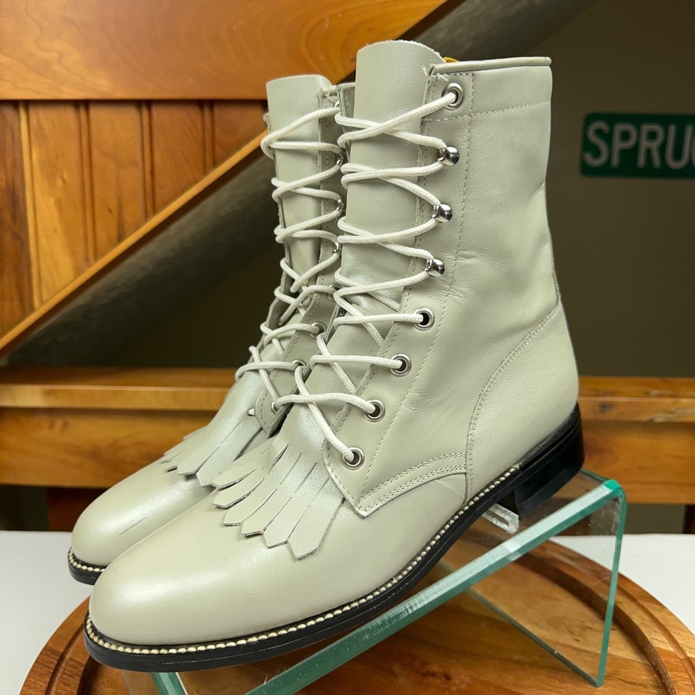 Diamond J Boots 519 L72417 Sage Green Leather Kiltie Lace Up Roper Boots 7B